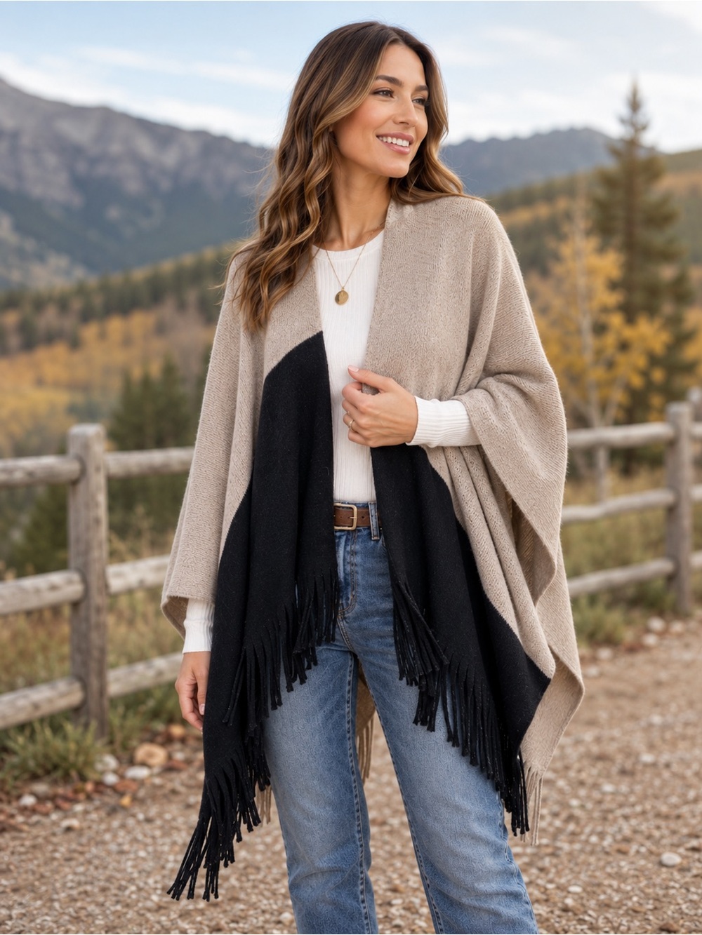Calvin Klein Beige and Black Fringe Open Front Poncho Wrap